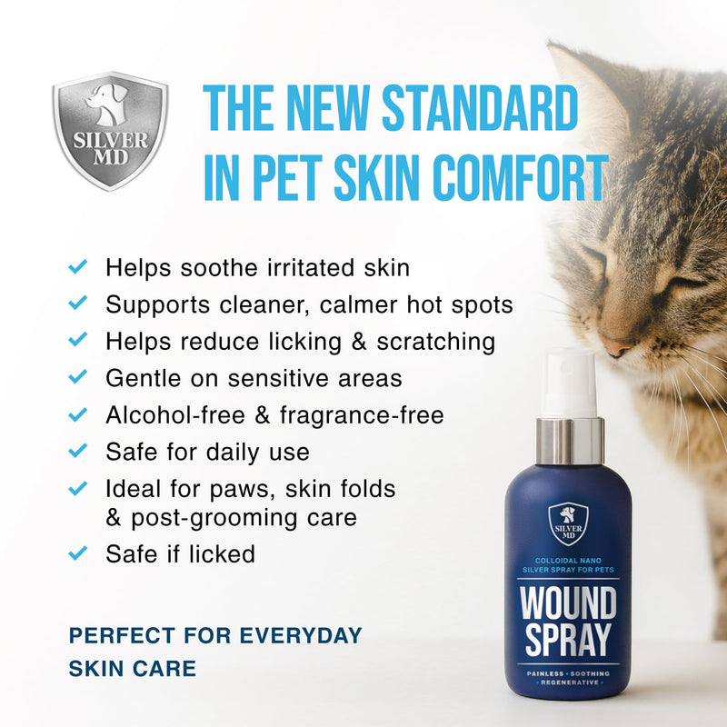 Wound Spray for Dogs, Cats & Pets, 8 Oz., Nano Silver Hot Spot Itch Relief for Irritation, Minor Wounds, Cuts & Daily Care, Alcohol & Fragrance Free No-Sting Clean Formula for Sensitive Skin