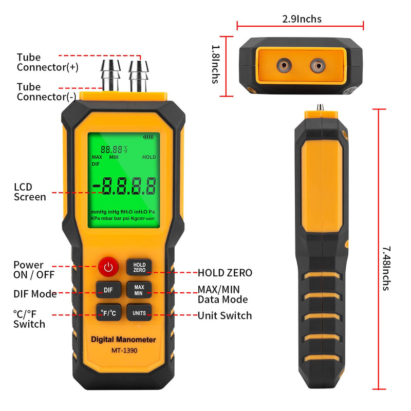 5/16 Inches Diameter Pressure Port Digital Manometer, YZT Meter Dual Port Air Pressure Meter Pressure Gauge HVAC Gas Tester, Differential Pressure Manometer 5/16 Inches Diameter Port