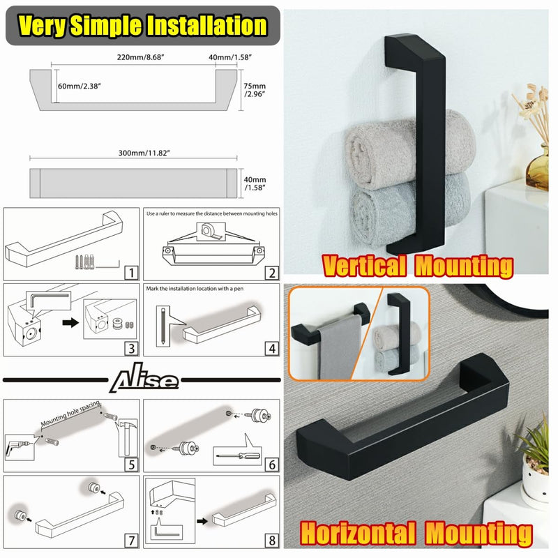 Alise 12 Inch Bath Towel Bars,Towel Hanger Towel Racks for Bathroom and Lavatory,SUS304 Stainless Steel Hand Towel Holder Towel Rail Wall Mount,Matte Black,GXY1540-300-B Matte Black 12-Inch