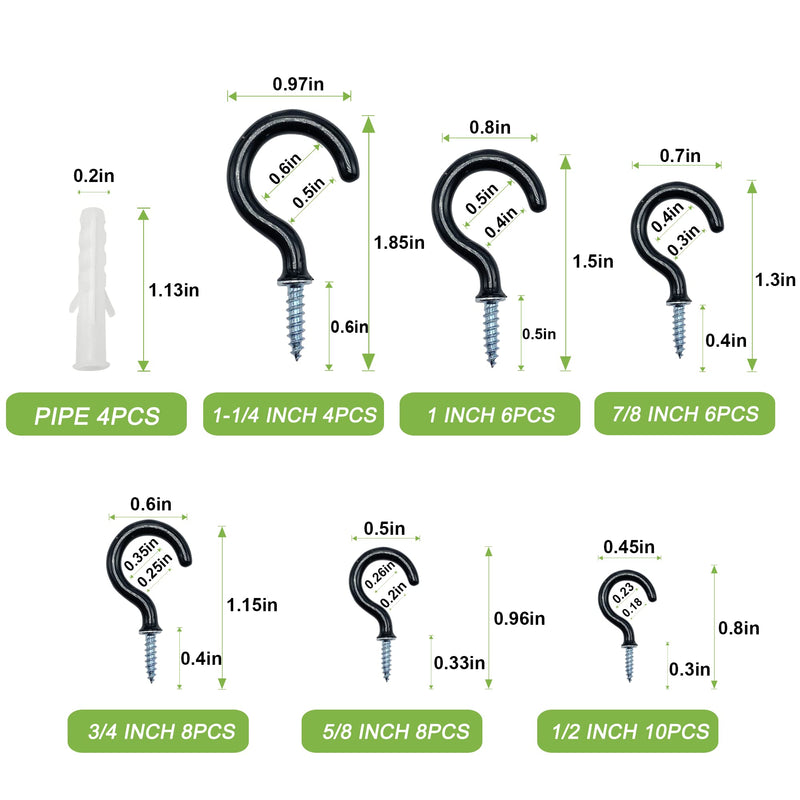 Small Black Screw-in Hooks Assorted Kit with Plugs, 1/2", 5/8", 3/4", 7/8", 1", 1-1/4" Vinyl Coated Cup Hooks for Hanging Home Decorations, Christmas Lights, Wind Chimes, Crafts - 46 Pcs 4 46pcs Vinyl Coated Cup Hooks Assorted Kit Vinyl Coated Black