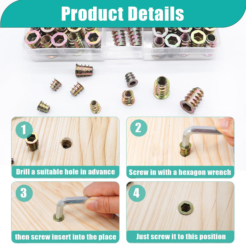 Taiss 170PCS Threaded Inserts Nuts,6 Sizes Wood Threaded Insert Kit,Furniture Screw in Nut Wood Inserts M4/M5/M6/M8 Threaded Inserts for Wood,Hex Socket Drive Screw Inserts for Wood Furniture,Cabinet