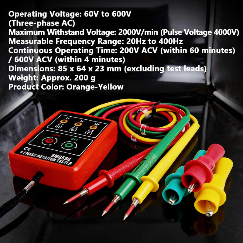 3 Phase AC Sequence Presence Rotation Tester,60V~600V Indicator Detector Meter with LED and Buzzer