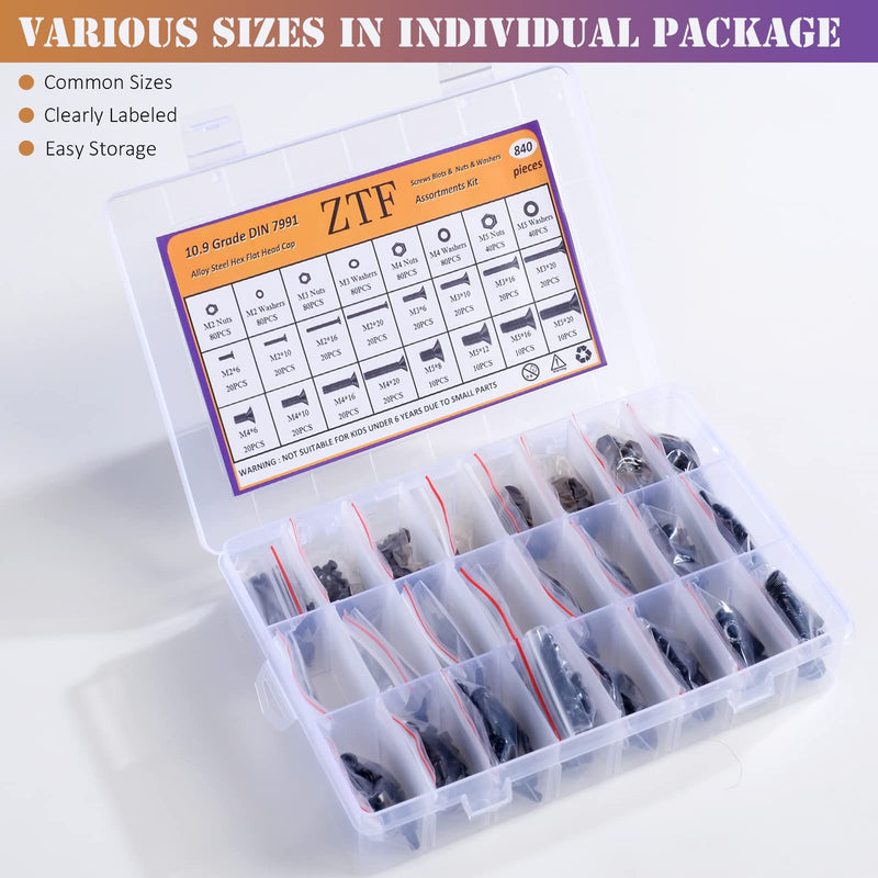 840PCS Metric M2 M3 M4 M5 Hex Socket Flat Head Screws Bolts Nuts Washers Assortment Kit with Storage Box, 10.9 Grade Alloy Steel Metric Thread Hexagon Allen Machine Bolt, DIN 7991 with 4 Hex Wrenches Flat Socket Head