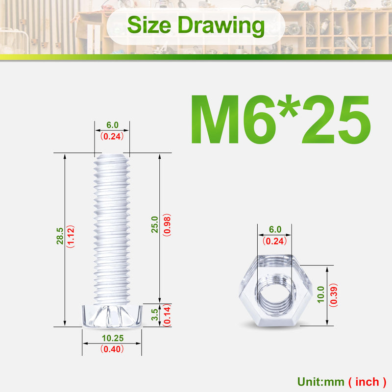 60 Pieces/30 Sets M6*25 mm PC Transparent Plastic Cross-recessed Round Head Screws and Hexagonal Nuts Kit, Corrosion-Resistant, for DIY, Model and Electronic Product Fixation.
