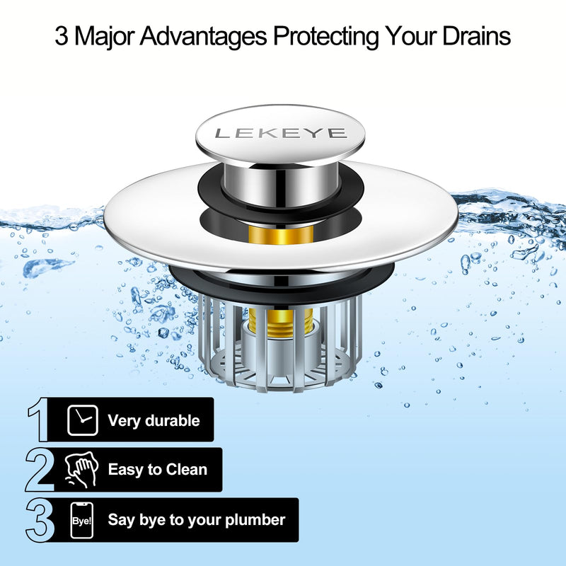 LEKEYE Tub Stopper | Shower Drain Hair Catcher | Pop-up Drain Stopper with Strainer | Bathroom Bathtub Plug | Drain Protector for 1-1/2 to 1-3/4" Bath Drain Hole Silver