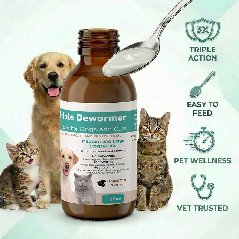 Dewormer Liquid for Cats and Dogs Broad Spectrum,Pyrantel Pamoate and Praziquantel Targets Tapeworm Roundworm and Hookworm Fast Acting Solution for Puppy Kitten Small Medium Large Breeds-3.38 fl oz