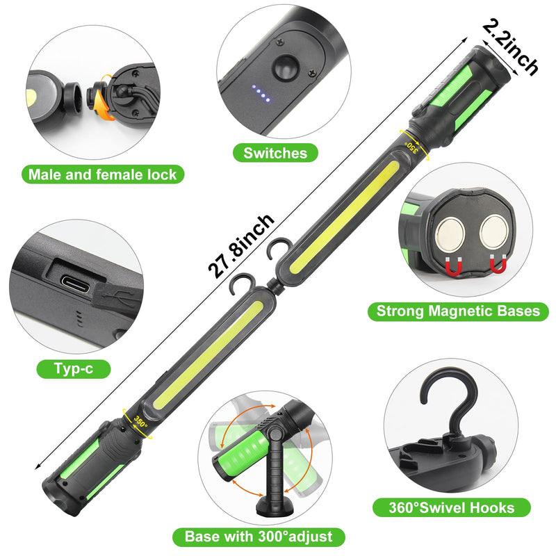 SYLSTAR Work Light for Mechanic, 2400LM Bright LED Work Light, 4400mAh Rechargeable Underhood Work Light Bar with Hooks, Magnetic Mechanic Light for Car Repairing/Inspection/Garage/Workshop/Emergency Green