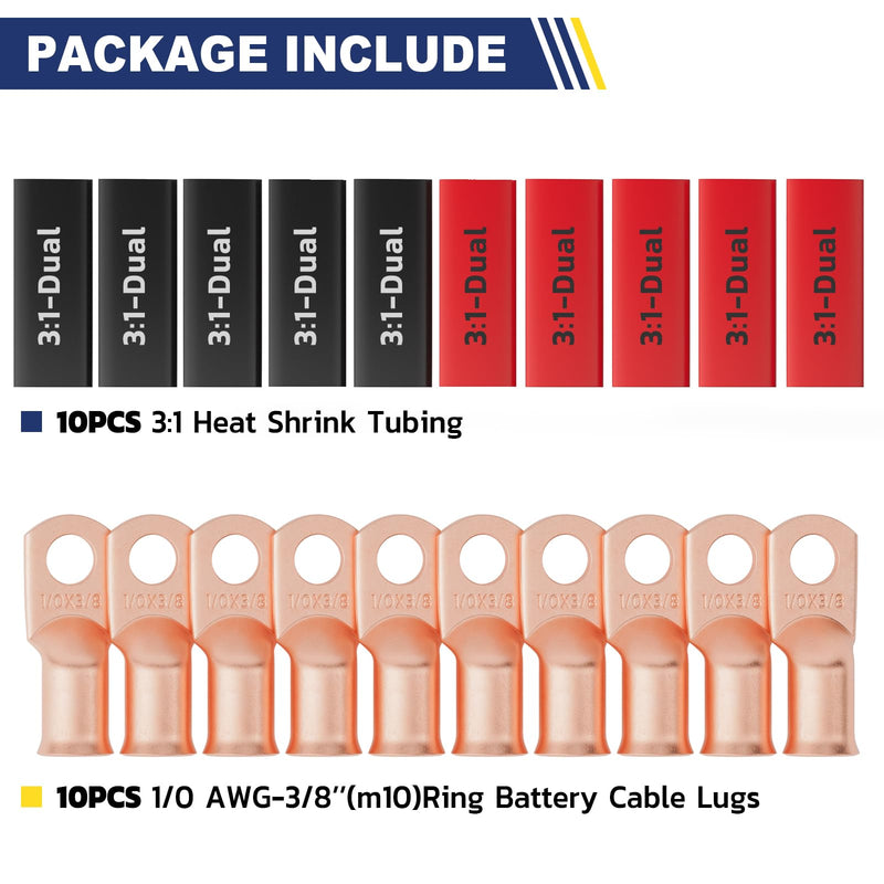 haisstronica 10pcs 1/0 AWG - 3/8"(M10) Battery Cable Lugs, Heavy Duty Copper Wire Lugs with 10pcs 3:1 Adhesive Heat Shrink Tubing, 1/0 Gauge Wire Lugs, Battery Terminal Connector, Battery Cable Ends 1/0 AWG- 3/8"(M10) Ring Bare Copper
