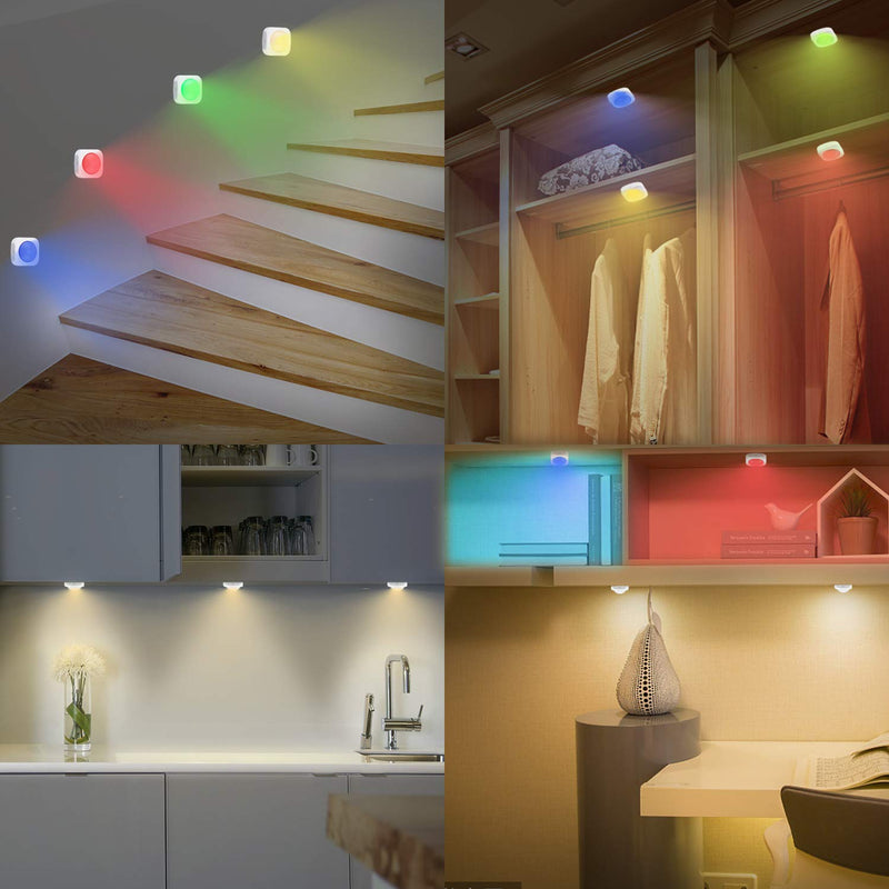 LUXSWAY Battery LED Color Lights, Puck Lights with 2 Remote,Tap Closet Lights, 16 Color Chaning RGB Light Stick to Wall, Under Shelf Lighting -4 Pack 16 Colors