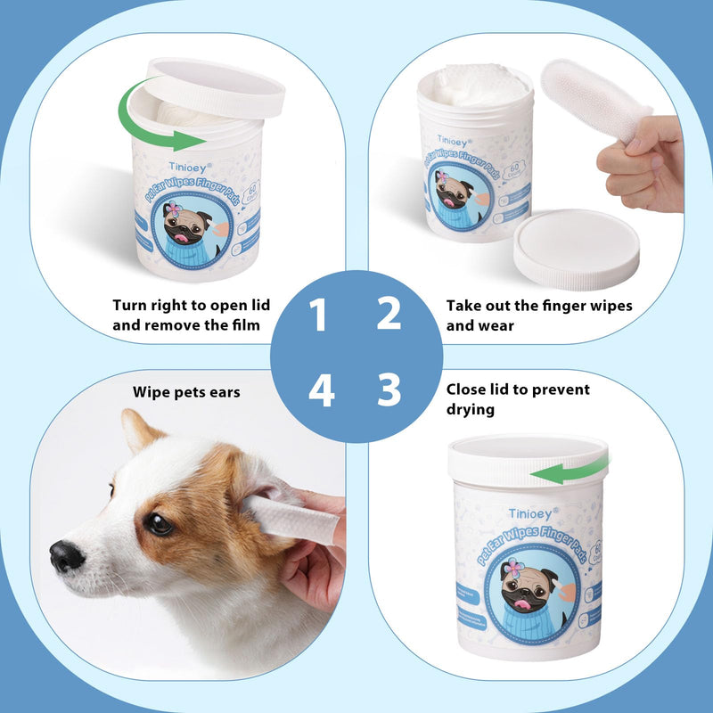 Dog Ear Wipes for Dogs - 1.9in-Wide Large Sized Finger Pads(60 Pads) | Plant-Based Cat Dog Ear Cleaner Wipes Cleaning Solution to Remove Dirt and Ear Wax, Relieve Itching & Inflammation 1.9 inch wide
