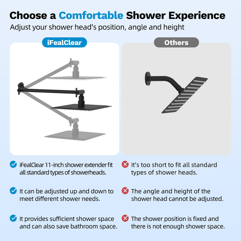 All Metal 11" Black Shower Head Extension Arm, Brass Flexible Shower Head Extender Adjustable Height & Angle, G1/2" Universal Stainless Steel Pipe Extending with Lock Joint for Rain/Fixed Showerhead 11 Inch Matte Black