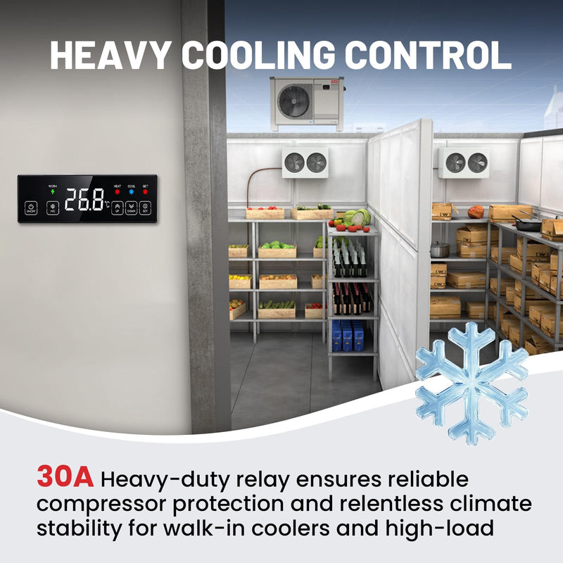 30A Digital Temperature Controller 120V, ℃/℉ Switchable Touchscreen Heating Cooling Thermostat with -58℉ to 248℉ Range, 6.6ft Sensor for Garage Automation, Electric Brewery, Workshop, BBQ 1