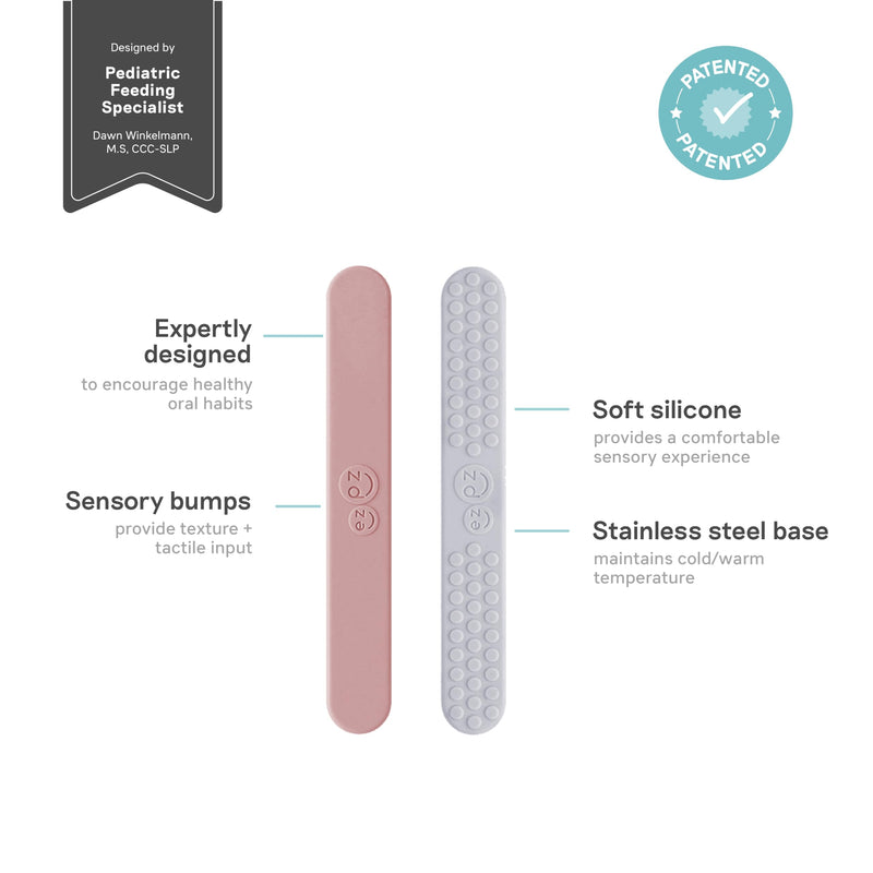 ezpz Sensory Tongue Depressors - All Ages (2 Pack in Blush/Pewter) - Silicone/Stainless Steel Tongue Depressor for Visibility Into The Mouth + Healthy Oral Care Routine