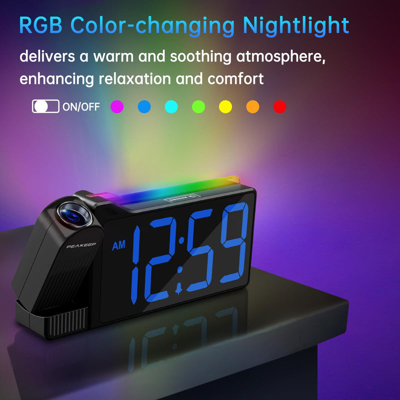 Peakeep Projection Alarm Clock for Bedroom Ceiling 180° Rotatable, Loud for Heavy Sleepers, Colorful Nightlight, 5 Brightness Dimmable Large Number Bedside Electric LED Digital Clock with USB Port Blue Digits; Blue Projection