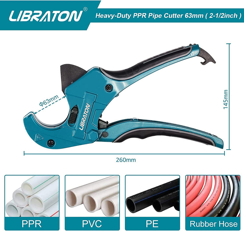 Libraton PVC Pipe Cutter, Up to 2-1/2", Ratchet Pipe Cutter Heavy-Duty, Pex Cutting Tool for Cutting PEX, PVC, PPR Plastic Hoses and Plumbing Pipe 2-1/2"(63mm)