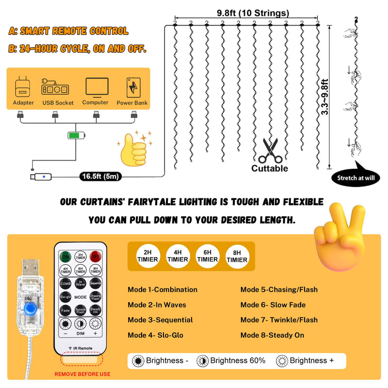 HXWEIYE 300LED Fairy Curtain Lights, 9.8x9.8Ft Warm White USB Plug in 8 Modes Christmas String Hanging Lights with Remote for Bedroom, Indoor, Outdoor, Weddings, Party 300L-Silver Copper Wire