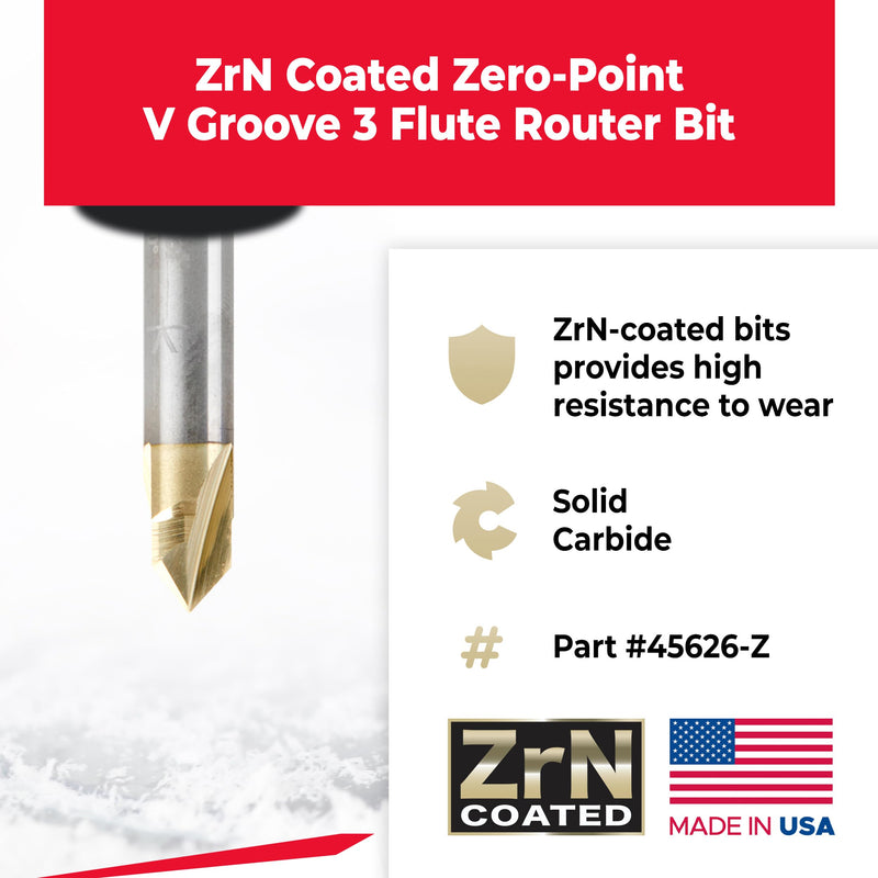 Amana Tool 45626-Z Zero-Point Solid Carbide V Groove 90 Deg x 1/4 D x 1/4 CH x 1/4 Inch SHK ZrN Coated 3 Flute Router Bit