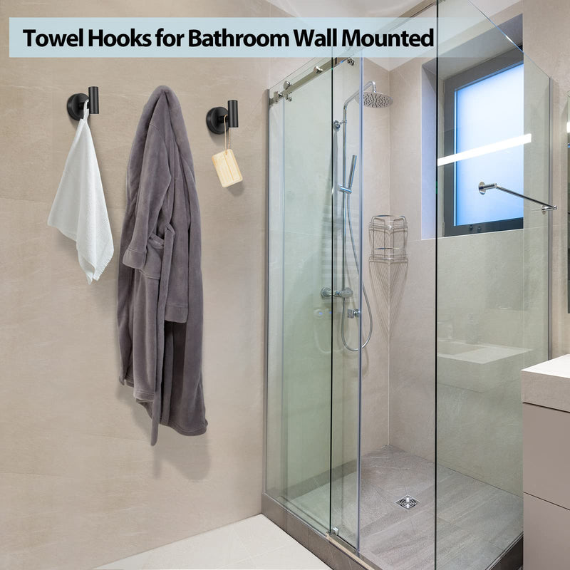 Kruodop Towel Hooks for Bathroom,2 Packs Wall Mount Towel Holder,Black Matte Wall Robe Hook,Stainless Steel Heavy Duty Door Hanger Towel Hook for Kitchen, Bedroom,Hotel,Pool,Coats(Drilling) 2pcs black