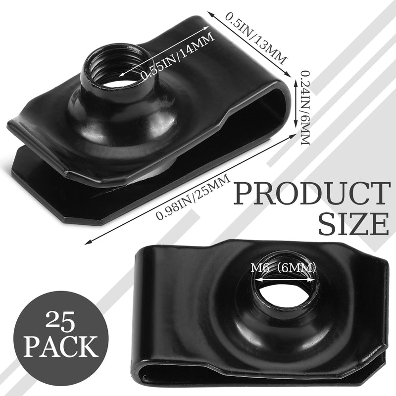 25 Pcs Extruded U Type Nuts Bumper Fender U Style Clip on Nut Extruded U Style Nuts Spring Nuts Black U Style Fasteners for Automotive Metal Fender Grill Retainer Clips(M6) M6