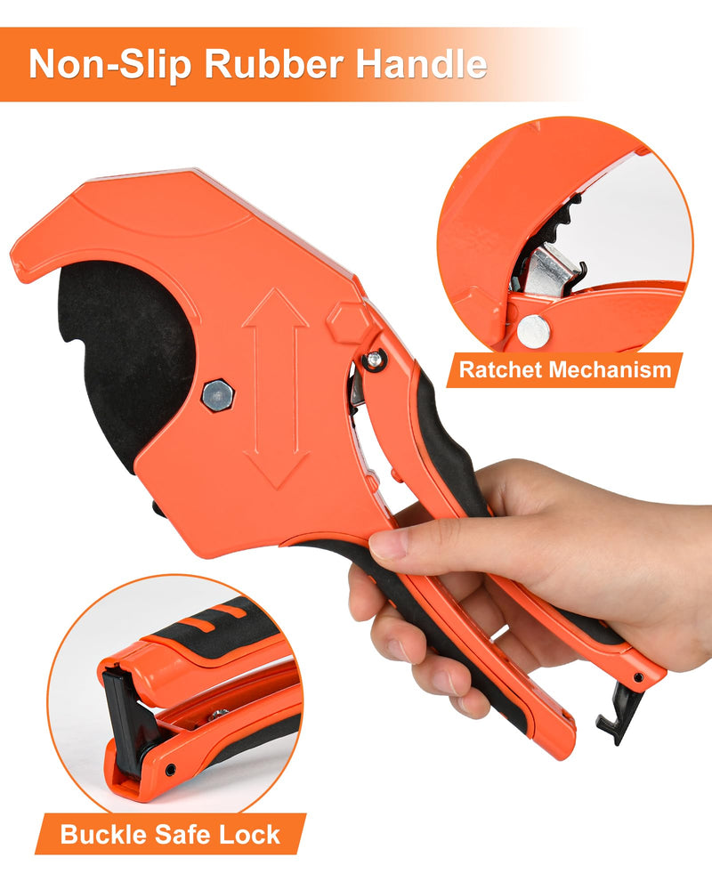 PVC Pipe Cutter with Replacement Blade, Cuts up to 2-1/2”, Heavy Duty Aluminum Ratcheting PVC Cutter Tool for Cutting PVC CPVC PP PEX PPR PE Plastic Pipe Cutter Hose Tube Exhaust Pipe Cutter