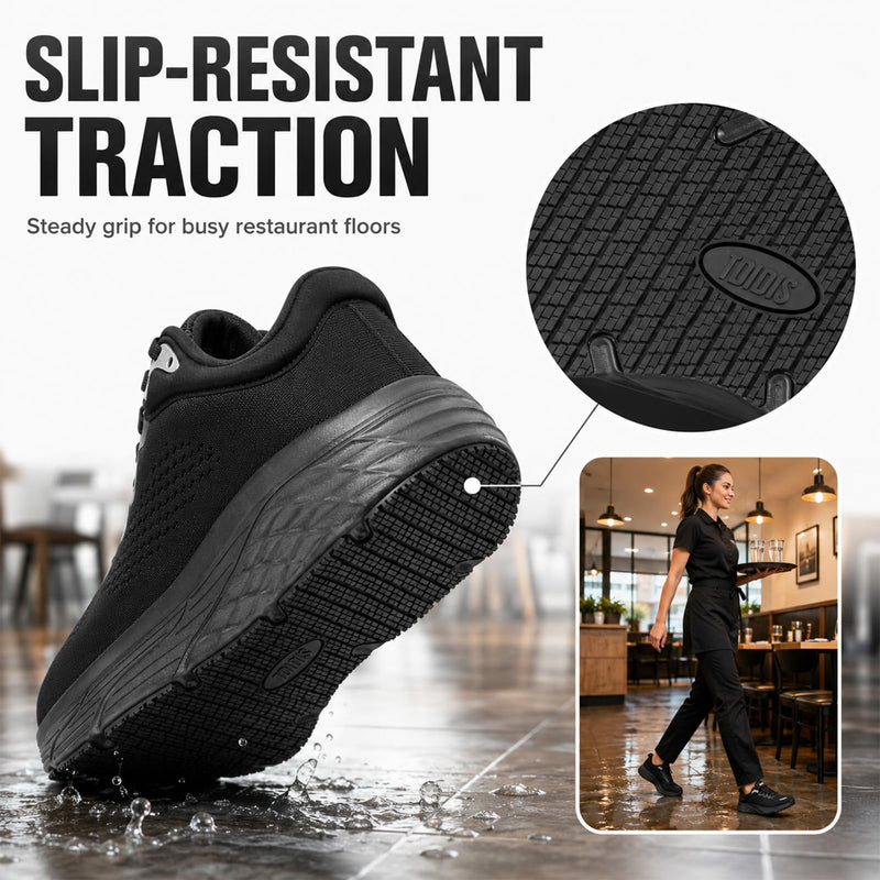 Black Non Slip Work Shoes for Women, Water-Resistant Kitchen & Restaurant Sneakers, Cushioned Thick Midsole for All-Day Standing, Chef & Food Service Footwear 8 Black-mesh