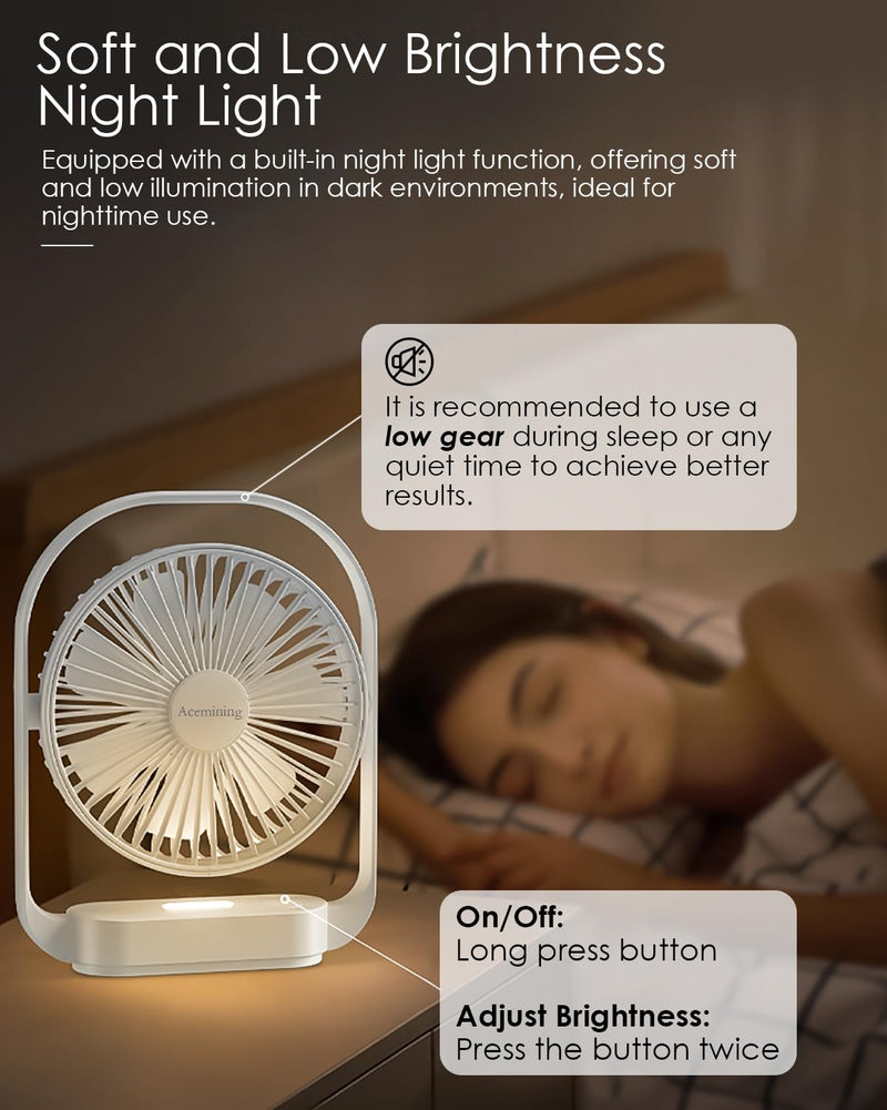 AceMining Silent & Cooling 4 Speed USB Fan with Night Light & 330 Rotation, Small Table Fan for Bedroom Office Bedside White