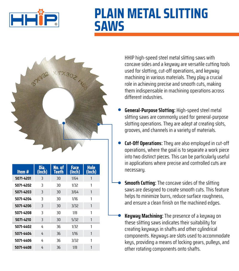 HHIP 5071-4201 3 x 1/64 x 1" High Speed Steel Plain Slitting Saw 3" Dia x 1/64" Face x 1" Arbor