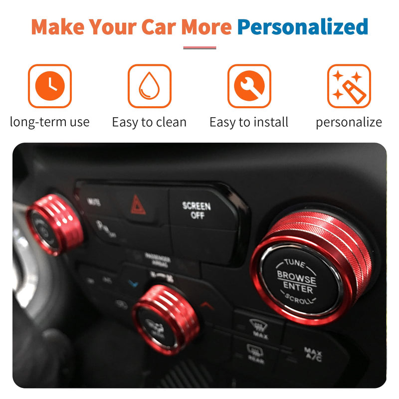 JeCar Red Aluminum AC Radio Knob Cover Fit for 2018-2022 Jeep Renegade Interior Accessories | Air Conditioner Audio Volume Switch Knob Trim for 2018+ Renegade