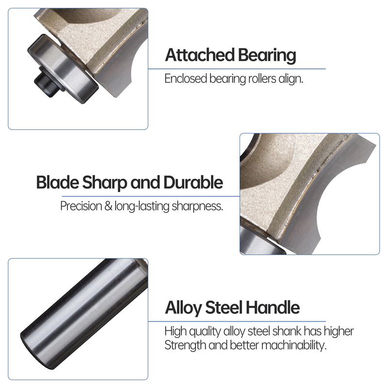 HUHAO Bullnose Beading Router Bits with 1/2-Inch Shank Carbide-Tipped Corner Beading Bits Set Radius:3/16" 1/2*3/16