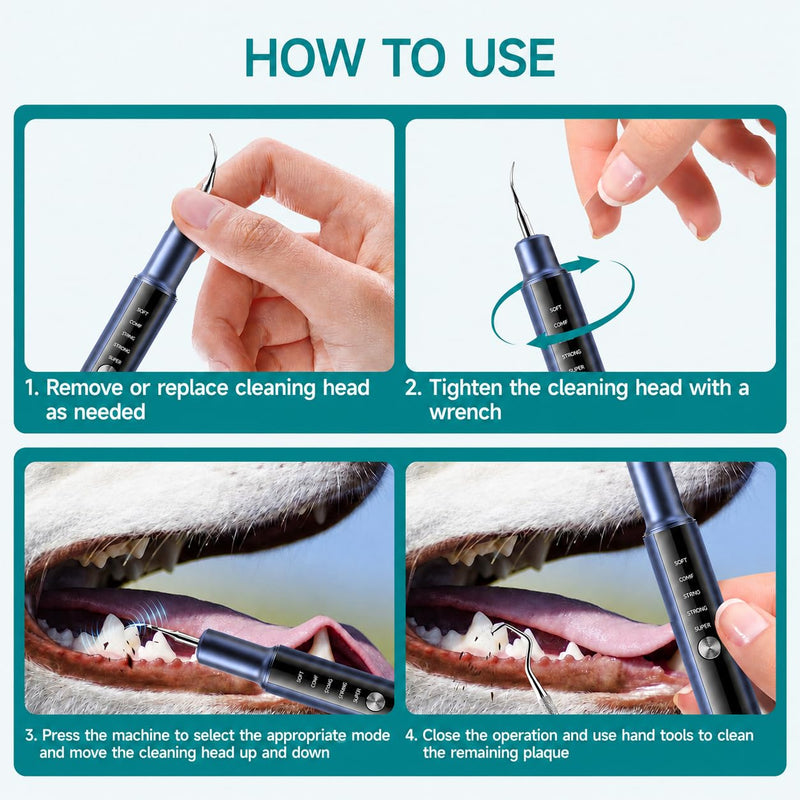 Dog Teeth Cleaning Kit with LED Light 5 Adjustable Modes Electric Pet Tartar Plaque Remover Tooth Cleaner for Dogs and Cats Home Dental Care Blue