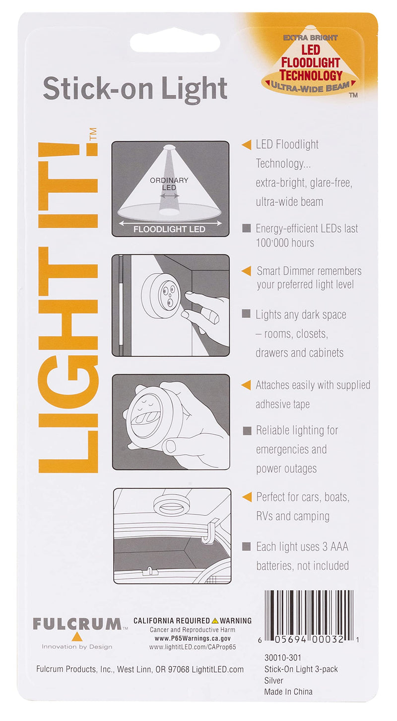 LIGHT IT! By Fulcrum, 30010-301 Stick-On Light, Silver, 3 Pack