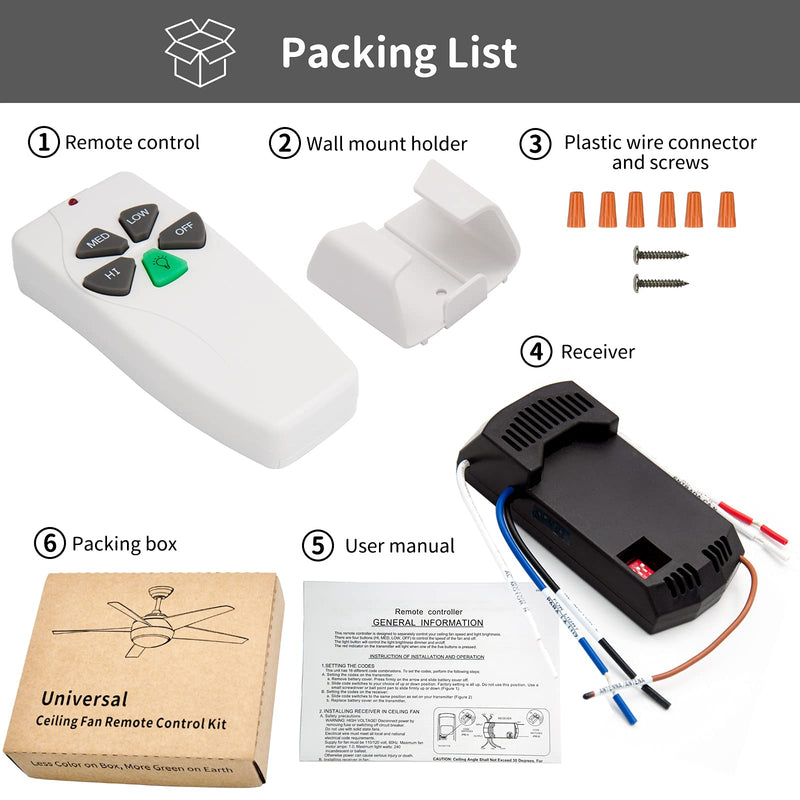 Universal Ceiling Fan Remote Control Kit Replacement for Harbor Breeze Hampton Bay Hunter Litex, 3-Speed Light Dimmer with FAN28R Receiver, Replace FAN-53T 2AAZPFAN53T 11T KUJCE9103 UC7030T FAN28R FAN-53T Remote Kit