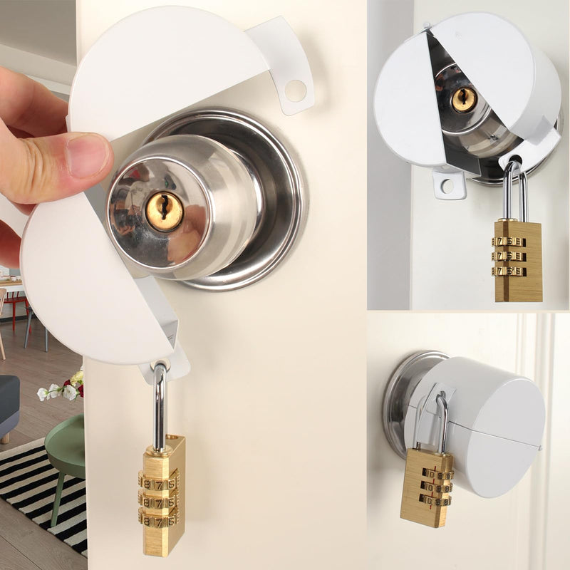 Door Knob With Lock，Without Drilling door handle lock，From Outside Prevents Turning of Door Knob and Access to Keyhole,for Apartment Evictions，dementia patients ,Childproof (White with padlock) Gray matte white