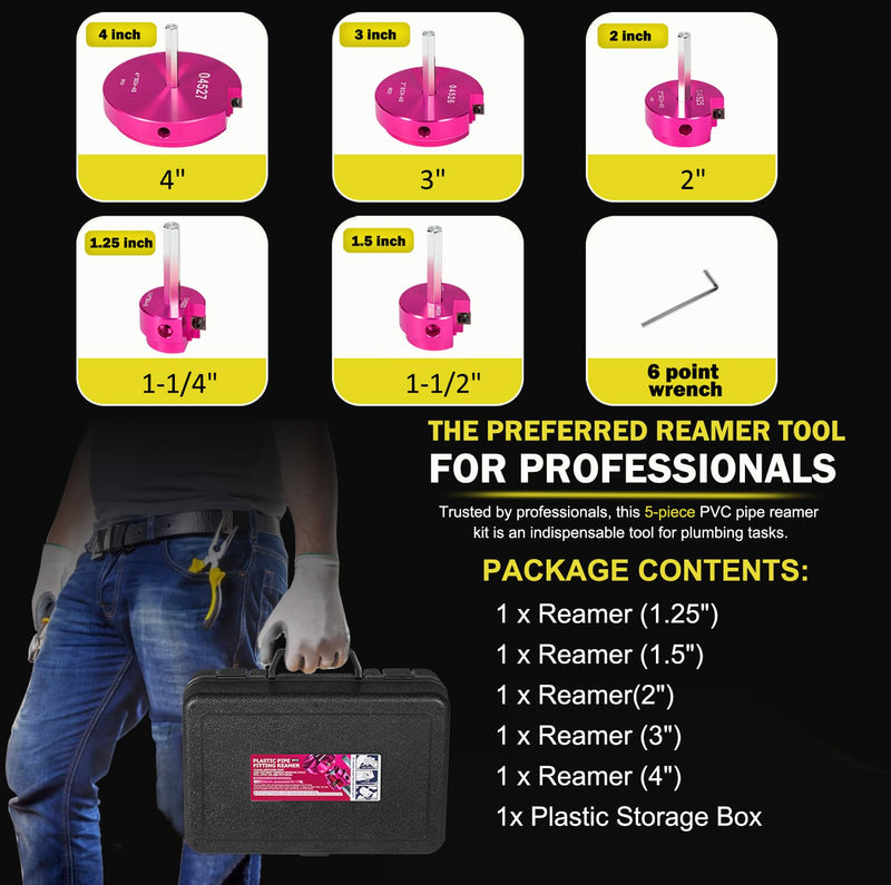 PVC Pipe Reamer Kit, 5-Piece Pipe Fitting Reamer Tool for Plumbing Repairs 1.25+1.5+2+3+4 Inch