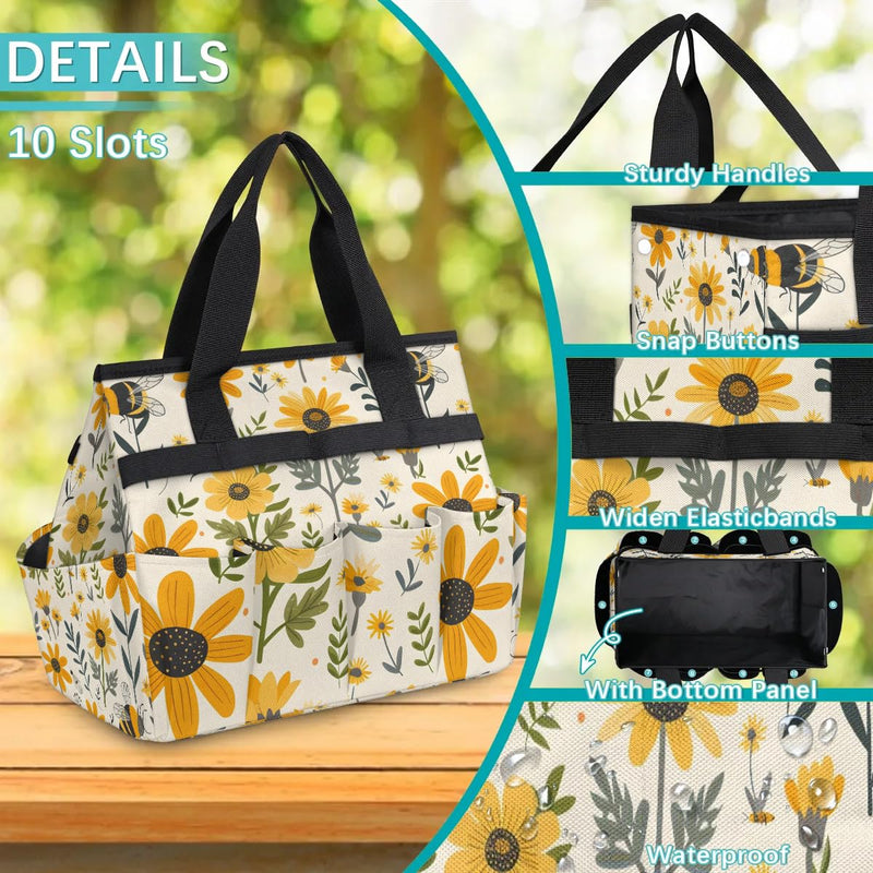 Bee Flower Garden Tool Bag for Women Waterproof & Reusable Heavy Duty Gardening Tote Storage Organizer Toiletry Bag with 10 Pockets for Garden Lawn Yard Casual Camp Bee Flower