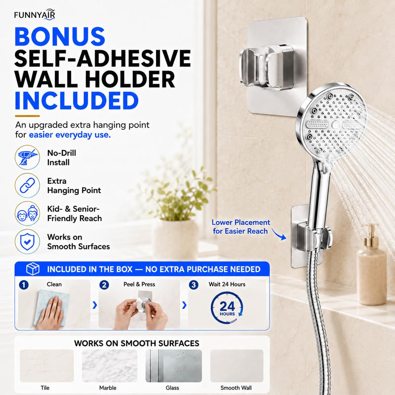 Handheld Shower Head, FunnyAir High Pressure Showerhead with 5 Spray Modes, 59 Inch Stainless Steel Hose, Dual 360° Adjustable & Adhesive Brackets, Ideal for Low Water Pressure Home, Apartment Chrome