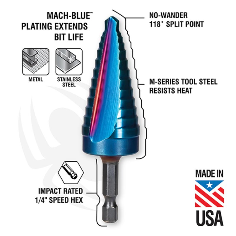 Spyder 3/16 to 1/2-inch Hex Shank 6-Step HSS Drill Bit with Mach-Blue Armor Plating for Steel, Aluminum, Stacked Materials, and More 3/16-Inch to 1/2-Inch