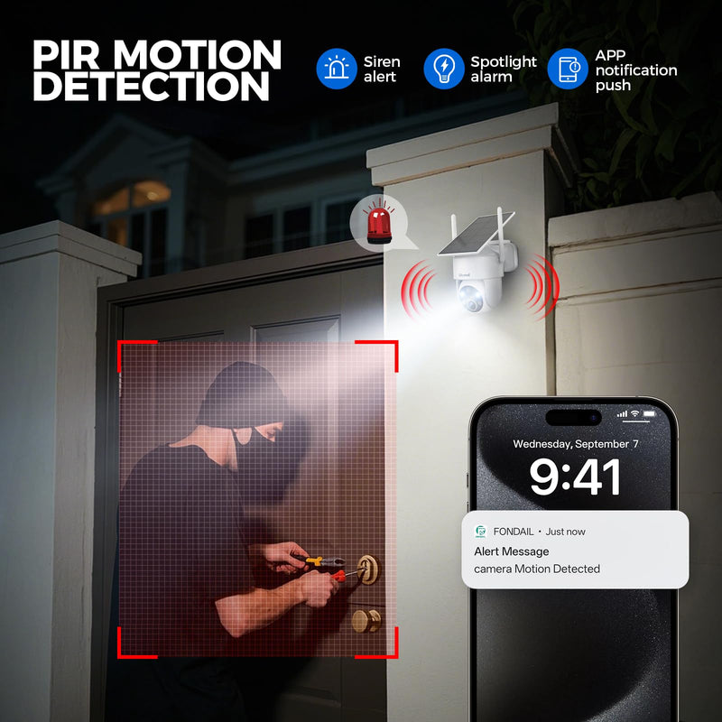 2K 360° View Security Cameras Wireless Outdoor, Solar Cameras for Home Security, Color/IR Illumination Night Vision, AI Detection, 2-Way Audio, Siren Alarm, SD/Cloud Storage, 2.4g WiFi White - 1 Pack