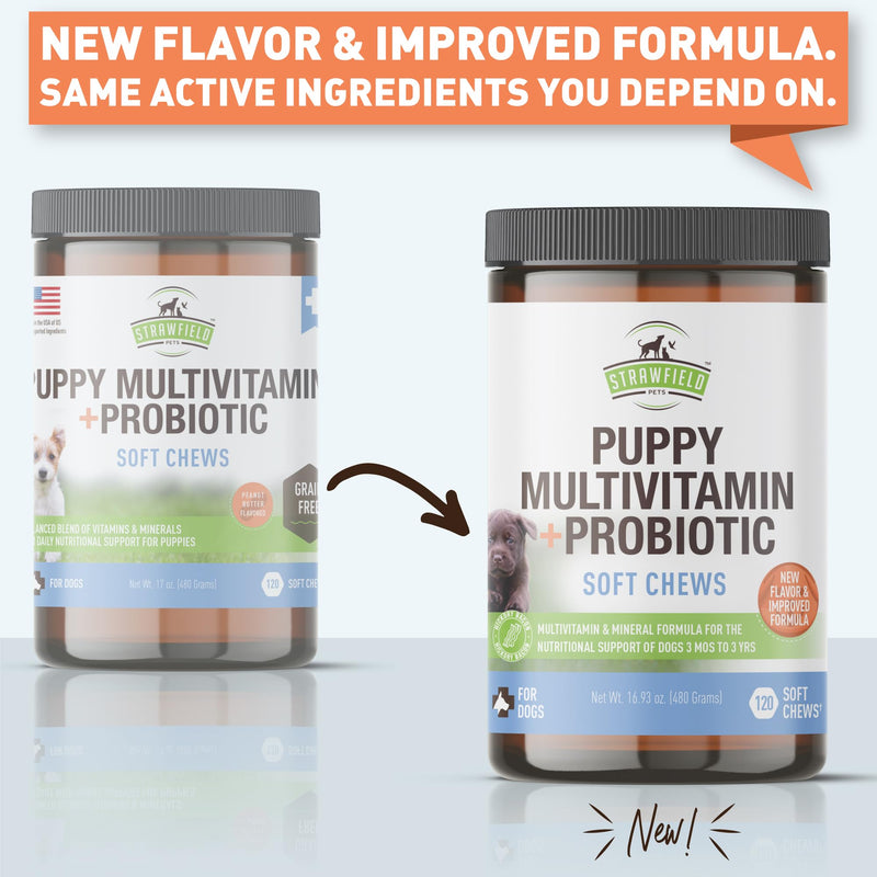 Strawfield Pets' Puppy Multivitamin + Probiotics for Dogs Puppy Vitamins with Joint Support Supplement for Dogs & Puppies Tasty Bacon Flavor 120 Soft Chews Hickory Bacon