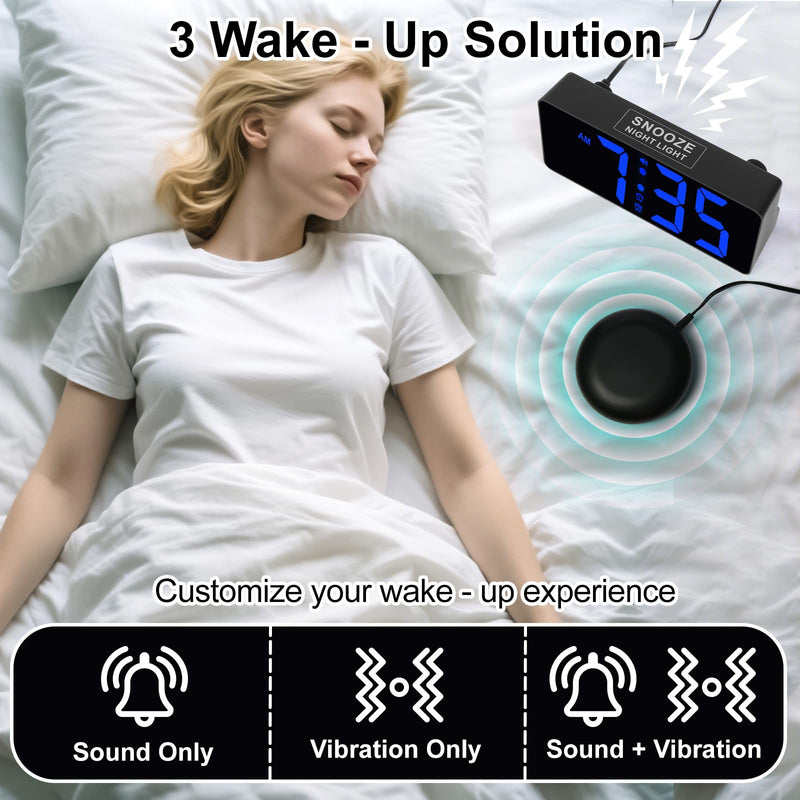 Alarm Clock for Bedroom Heavy Sleepers with Bed Shaker & Night Light-Vibrating Digital Clock Large Dimmable LED Digits with Dual Alarm & Charging Port Table Desk Clock for Hearing Impaired Seniors Blue Digit-black Case