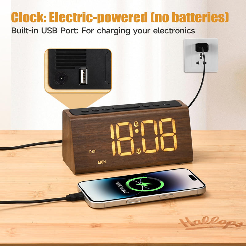 Cadmos Wooden Digital Alarm Clock for Bedroom,Electric Desk Clock with USB Port,Loud Alarm for Heavy Sleepers,Adjustable Volume & Dimmer,Snooze,DST,Wood Decor,Bedside & Desk Us(Brown - Amber Digits) Brown - Amber Digits