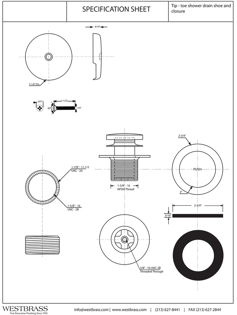 Westbrass A931K-62 Universal 1-3/8" Fine Thread Tip-Toe Bathtub Drain Plug Trim Set with One-Hole Overflow Faceplate and 1-1/2" Adapter Bushing, Matte Black