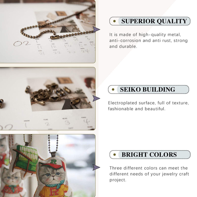 Swpeet 3Pcs Bronze 120" Metal Ceiling Fan Pull Chain Extension with 90Pcs Matching Connectors Kit, Durable & Strong Bearing Rust Proof 3mm Beaded Extension Chains for Ceiling Fan or Light