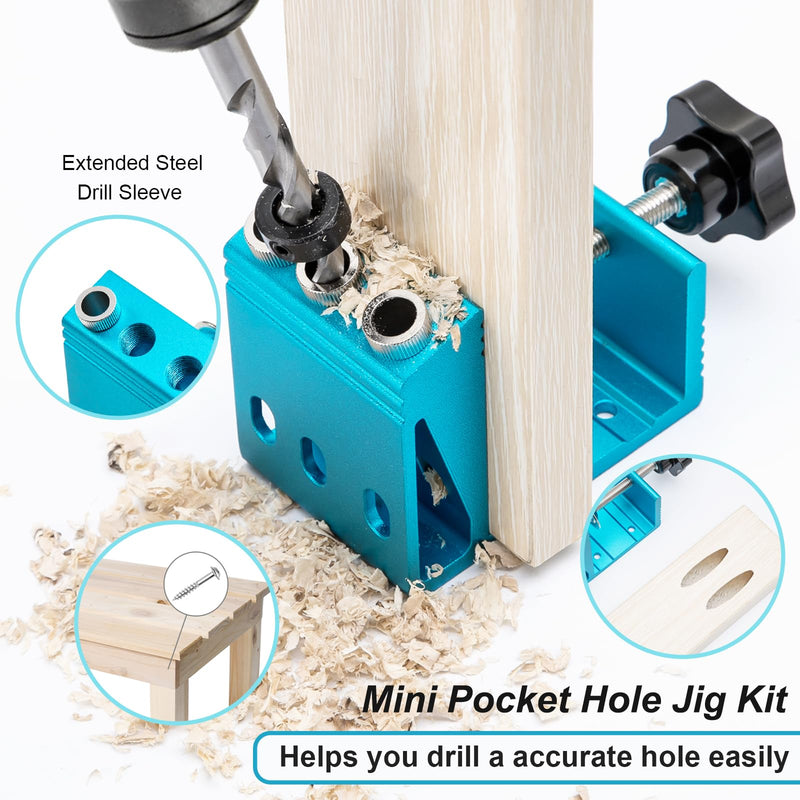 Pocket Hole Jig Kit with 3 Drill Hole Guide Pocket Drill Hole System with 15 Degree Joint Angle Tool Portable Pocket Joinery Screw Kit DIY Woodworking Carpentry Locator Blue