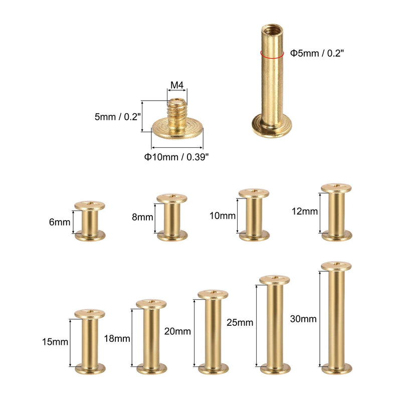 uxcell 9 Sizes Phillips Screw Post Fit for 3/16"(5mm) Hole Dia, Male M4x5mm Binding Bolts Leather Album Fastener Kit Gold Tone 90 Sets