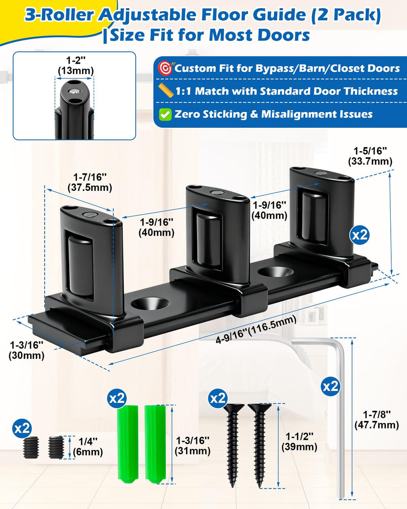 3-Roller Adjustable Sliding Closet Door Floor Guide Upgrade Kit (2 Pack), Black Bottom Mount for Bypass, Double Bypass & Barn Doors 3-Roller Guide - 2 Pack