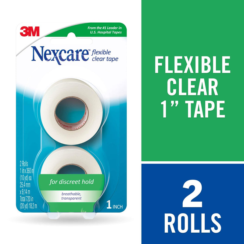 Nexcare Flexible Clear Tape, Waterproof Transparent Medical Tape, Secures Dressings and Catheter Tubing - 1 In x 10 Yds, 2 Rolls of Tape 2 Count (Pack of 1)
