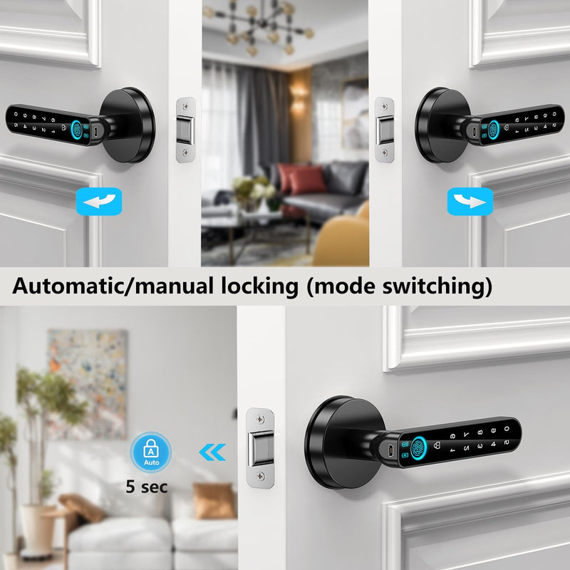 Fingerprint Door Lock- Smart Door knob,biometric Door Lock，with passcode keypad keyless Entry Door Handle，for Bedroom Home Hotel Office Apartment (Black with APP) Black A