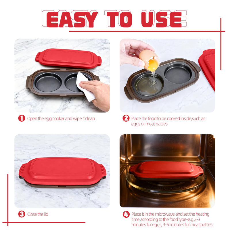 Quick-Heat Microwave Egg Cooker|Poacher|fryer, Multi-use Maker for 2 Eggs for Breakfast Sandwiches, Dishwasher-Safe Portable for Home,Travel,Gifts (Red) Red
