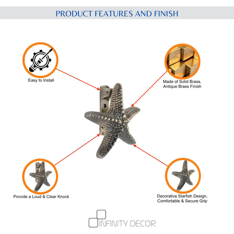 Infinity Decor Solid Brass Antique Starfish Door Knocker 155mm in Antique Brass Finish for Front Door Furniture